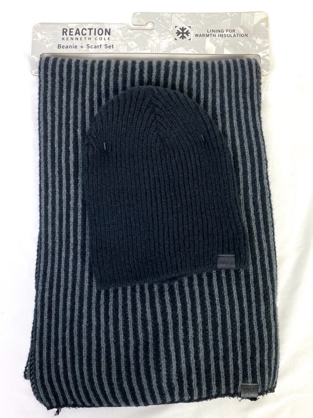 Kenneth Cole Men’s Black and Gray Striped Beanie & Scarf Set